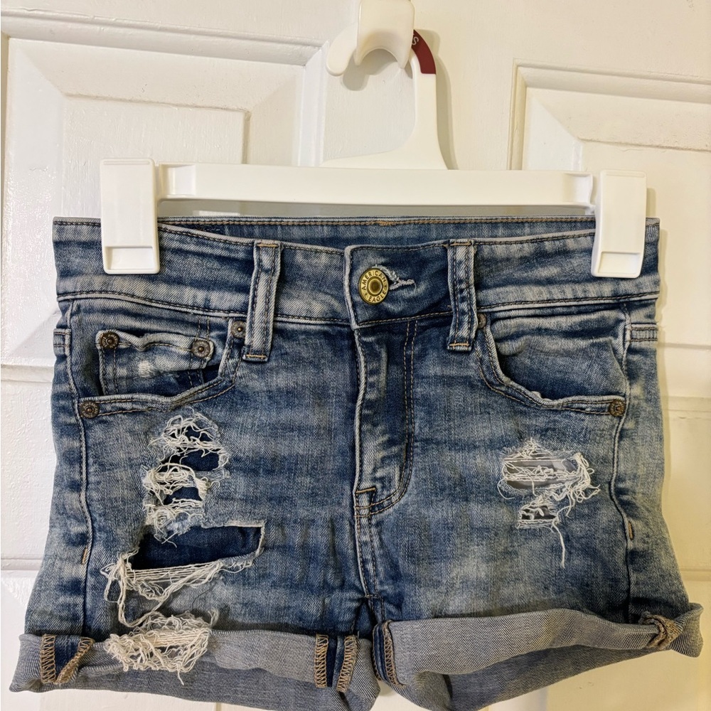 American Eagle Outfitters Blue Distressed Jean Shorts